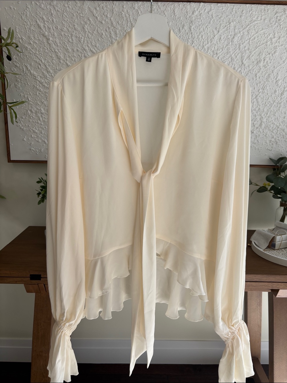 Dynamite Ivory Tie-Neck Ruffle Blouse
